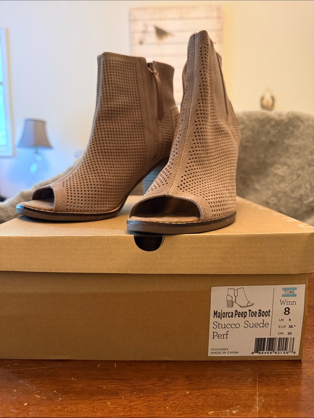 TOMS Majorca Peep Toe Booties in Stucco Suede - size 8